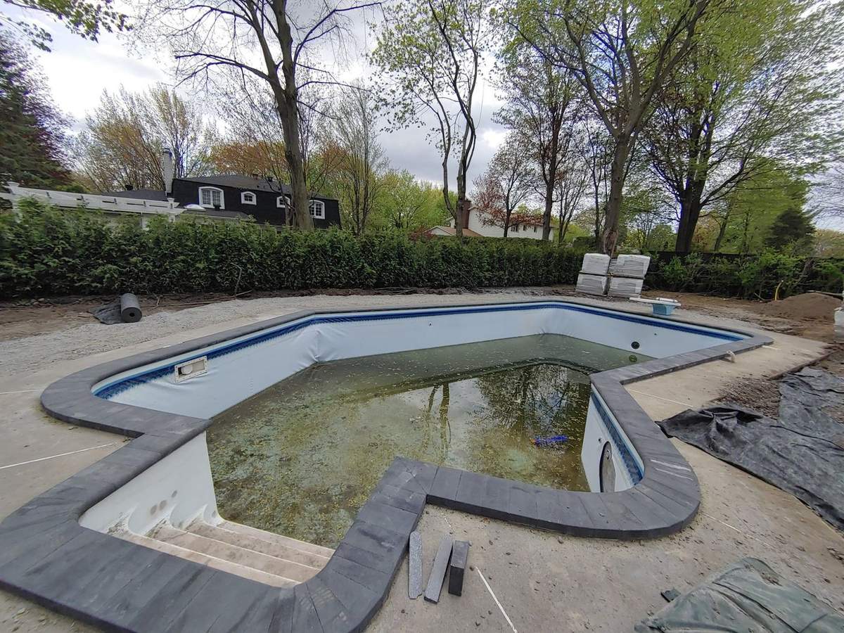 Contour de piscine en forme de haricot en pavé pâle